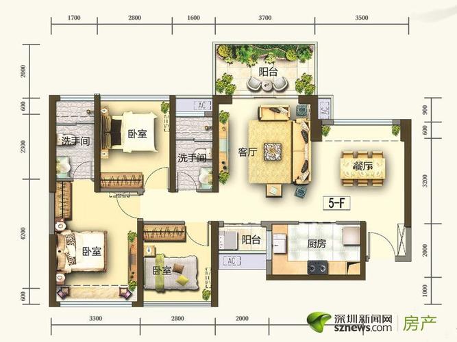 华晖·云门5栋f户型3室2厅2卫1厨 88.00㎡
