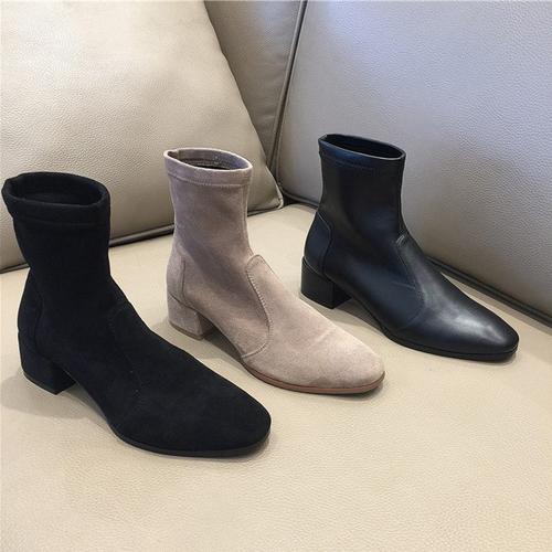 2018夏季网红同款sw短靴方头ins弹力靴粗跟中跟牛皮瘦瘦靴女靴子