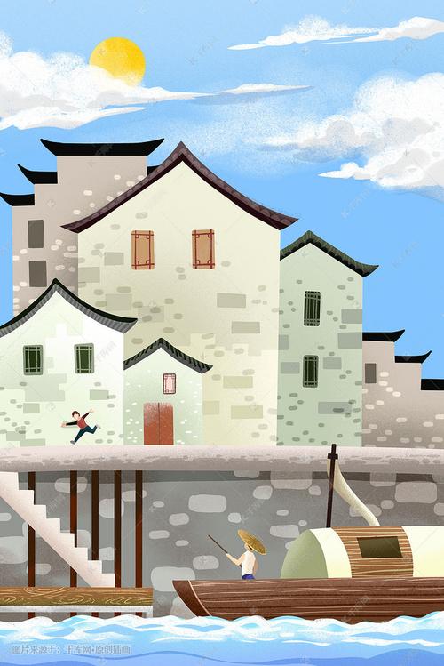 卡通手绘风夏景大暑水乡配图