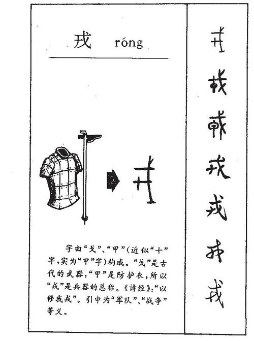  p>戎(拼音:róng)是汉语常用字,最早字形见于商代甲骨文,其字由用于
