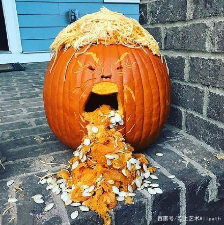 万圣节到了美国流行的南瓜灯款式-雕有特朗普头像的