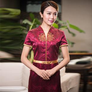 2014新款餐饮服务员v领工作服 高档酒店迎宾长裙制服批发