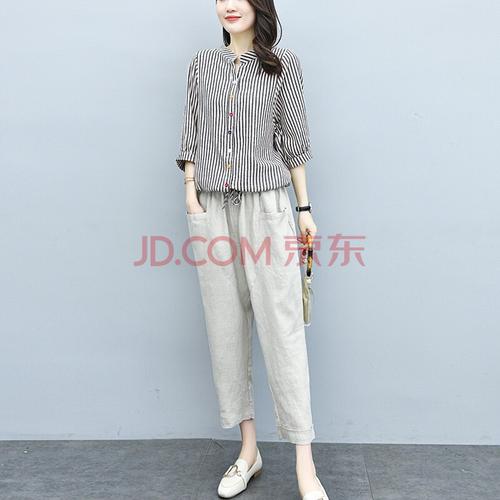 逅枫 棉麻套装女2021夏装新款女装条纹上衣九分裤亚麻休闲两件套套装