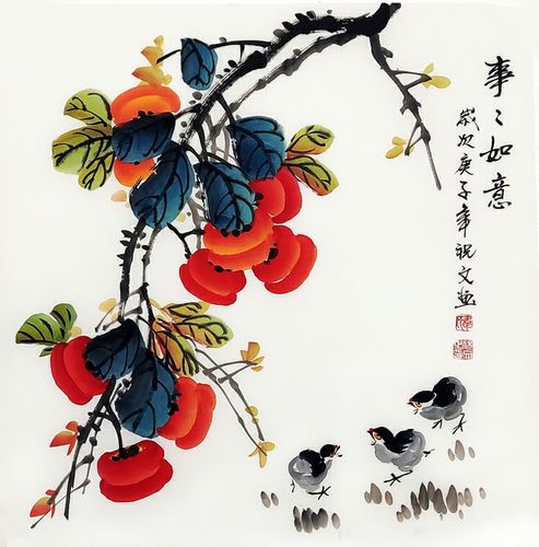 纯手绘柿子图国画写意水墨花鸟画客厅玄关小品画三尺斗方柿子小鸡