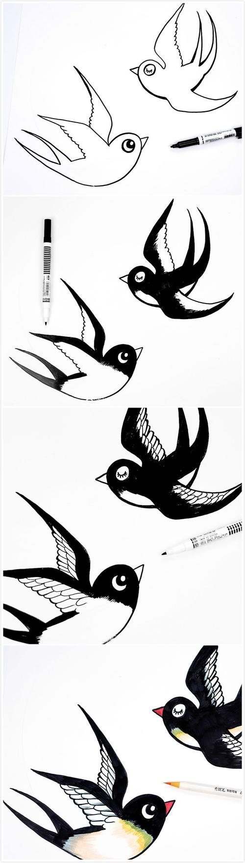 ① 用记号笔画出小燕子,并涂上颜色