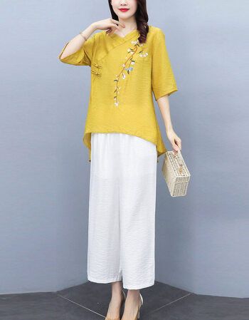休闲时尚亚麻两黄色m> 高档品牌轻奢女王妈妈装棉麻阔腿裤t恤女夏装