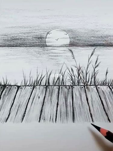 海平面(注意远高近低,近大远小透视方法,小草的不同方向的画法)