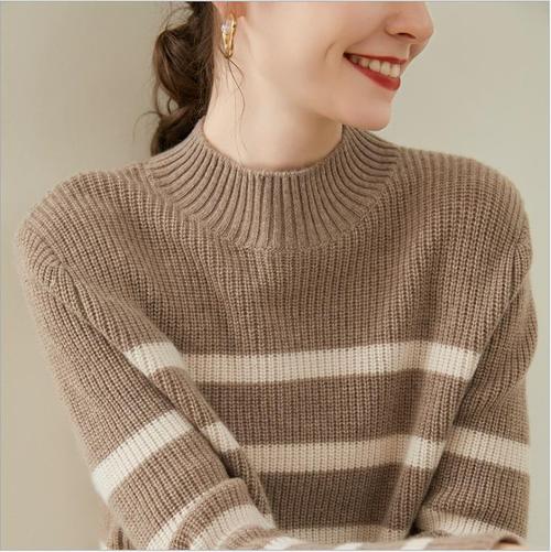 秋冬白色条纹毛衣女毛线粗质宽松针织半高领打底毛衣