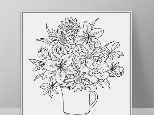 黑白简笔画花卉瓶中花欧式现代简约装饰画