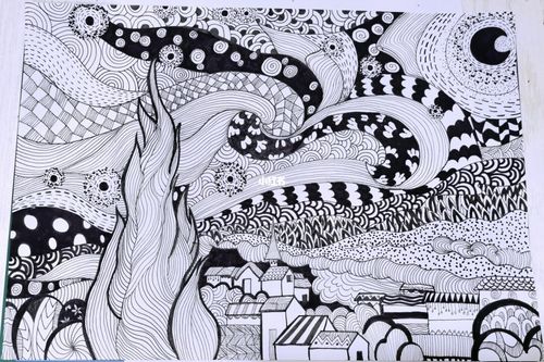 线描画 梵高《星空》_星空_线描画_文化_绘画