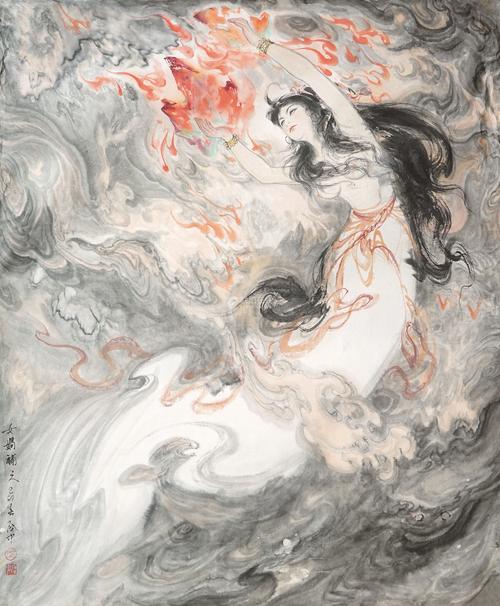 伍启中 女娲补天 镜片 设色纸本