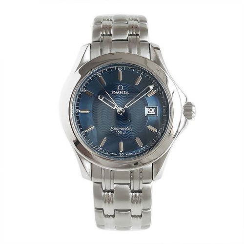 正品二手95新欧米茄海马25018100石英表径355男表日期精钢蓝色水波纹