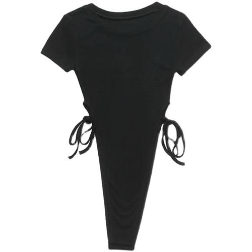 欧美性感高开叉两侧系带短袖连体衣紧身百搭显瘦t恤