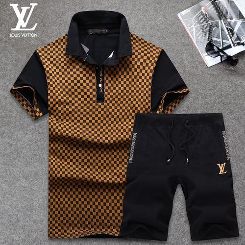 lv衣服 2015新款 时尚格子印花男生翻领短袖套装 黑黄色