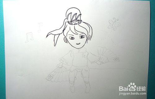 用铅笔在白纸上画出q版漂亮的貂蝉的草稿,用黑色的彩色笔画出貂蝉