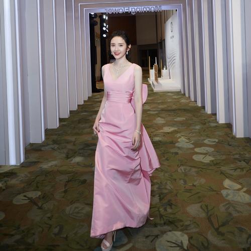 唐艺昕同款粉色v领立体大蝴蝶结修身长款礼服连衣裙2021春季新款