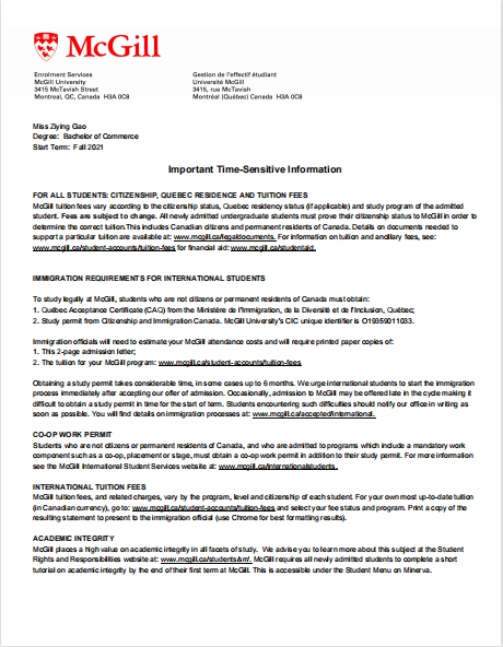 恭喜高同学拿到麦吉尔大学offer!