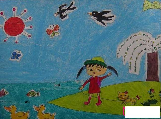 踏春的女孩儿童画,儿童画春天的图片