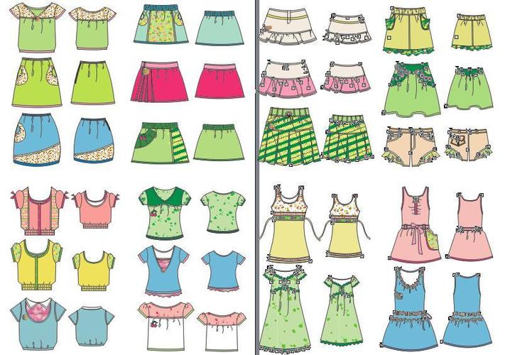 40套 儿童 女性 时尚 衣服 裤子 裙子 背心 等 正反矢量图片