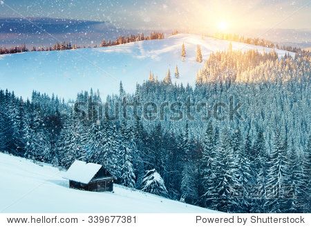 colorful sunset in the winter mountains.