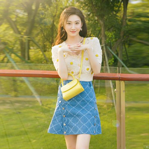 明星景甜同款刺绣短袖针织开衫女针织衫毛衣春秋高腰