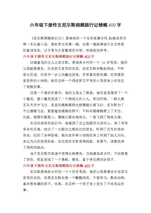 六年级下册作文尼尔斯骑鹅旅行记梗概400字.docx 5页