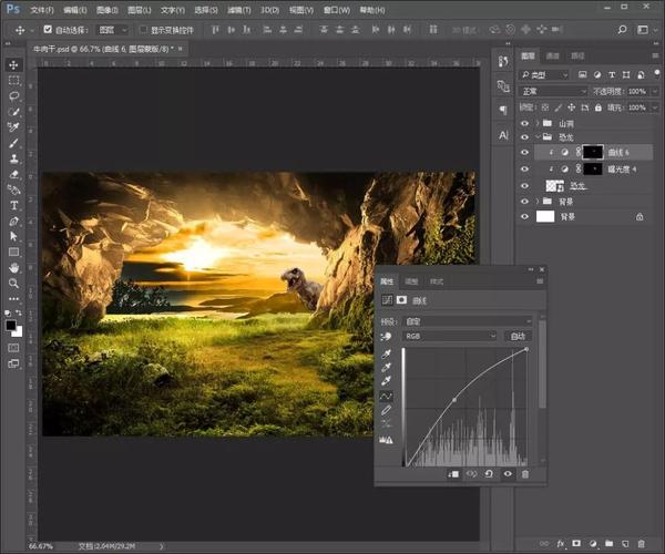 24.给恐龙添加【曲线】和【可选颜色】调整图层并创建剪贴蒙版.