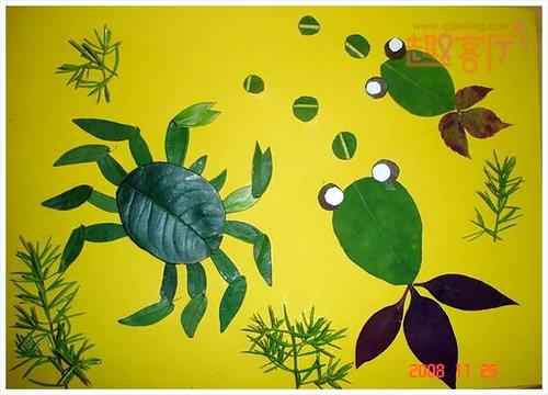 树叶贴画作品 各种可爱的小动物贴画金鱼 螃蟹 乌龟