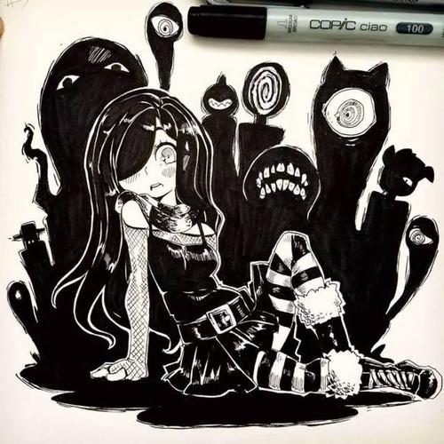 很酷很可爱,还有一点恐怖小元素的马克笔画