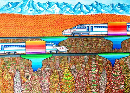 中学生科幻画:《和谐丝路生物能源高铁》