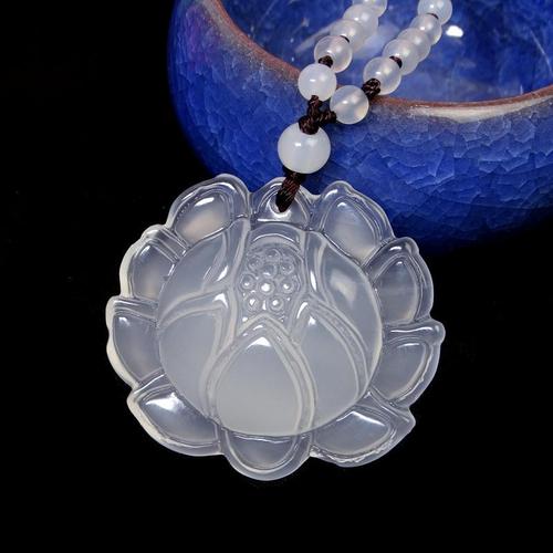 玉莲花吊坠天然冰种玉髓玛瑙荷花项坠饰品玉佩玉坠项链玉石女挂件
