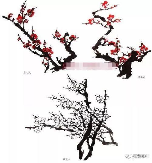 写意梅花画法示范教程,梅花的树干和根部画法,画梅花的构图形式