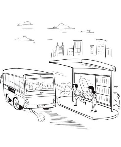 公交车站场景的简笔画