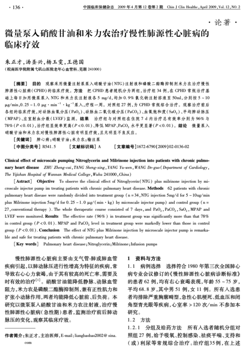 微量泵入硝酸甘油和米力农治疗慢性肺源性心脏病的临床疗效