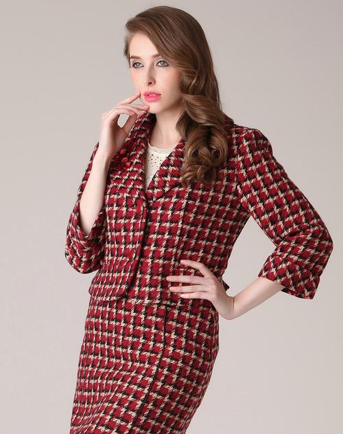 女款酒红色千鸟格纹羊毛短款上衣
