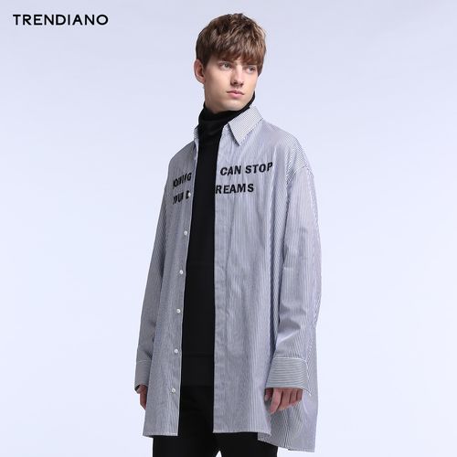 trendiano男装冬季潮纯棉条纹刺绣长款宽松衬衫3ji4014550