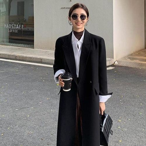 黑色西装外套女中长款2021秋冬新款英伦风韩版气质高级感风衣外套【11