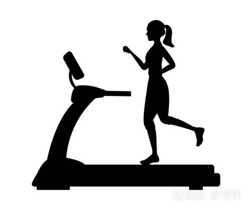 在跑步机上跑步的年轻女子的剪影.矢量插图