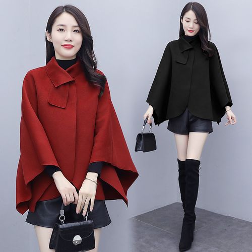 大码宽松蝙蝠袖红色披风斗篷毛呢外套女小个子短款秋冬气质矮个子
