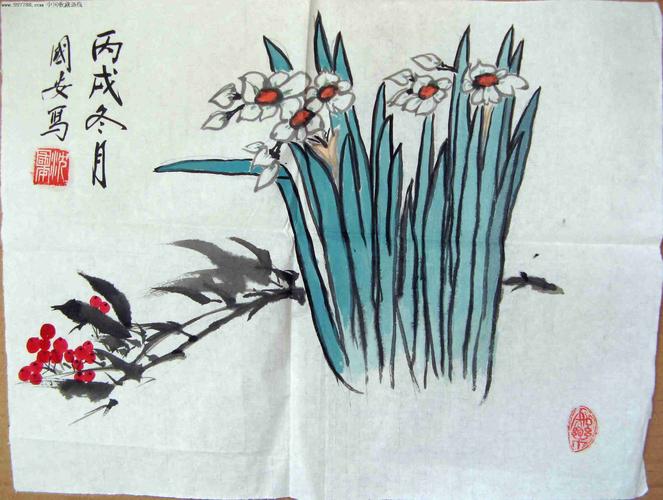 成都画家不错的尺半横幅花卉画水仙迎春