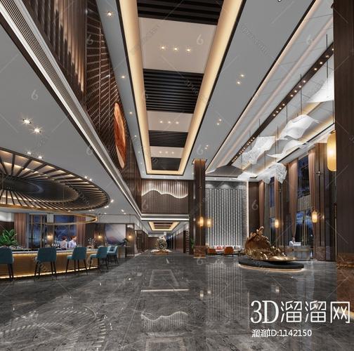 新中式酒店大厅效果图3d模型下载