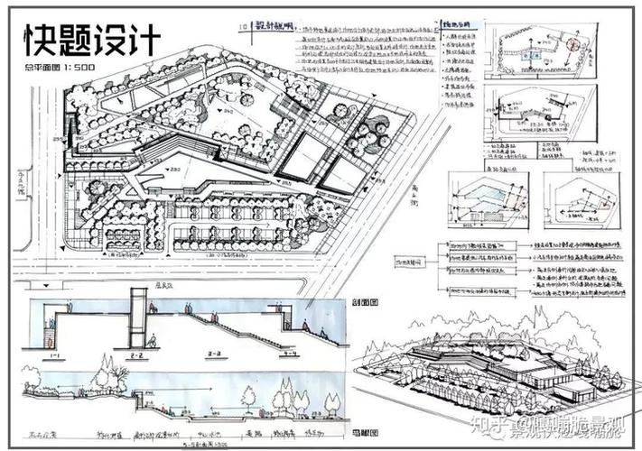 (1)平面图 1:500 (2)两个剖面图,要表现出竖向设计 (3)构思分析图 (4