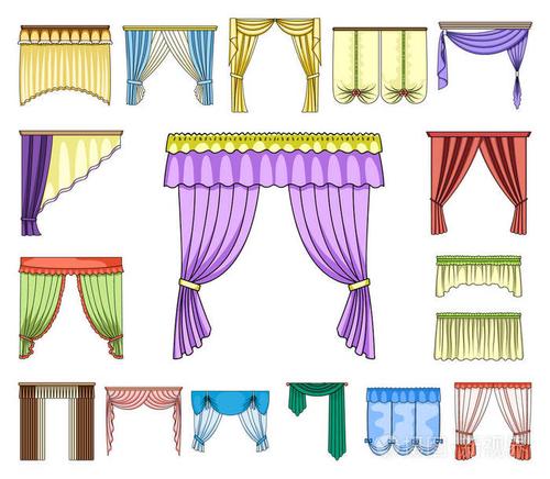 不同种类的窗帘卡通图标集为设计收藏.