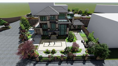 >别墅庭院花园设计效果图欣赏,带大门围栏