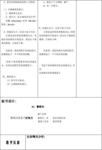 人教版小学语文二年级下《葡萄沟》2课时表格式优秀教学设计