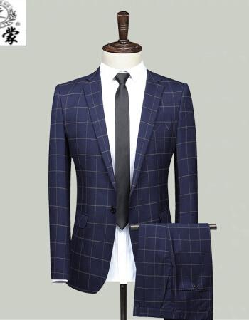 培蒙西服套装男士外套新郎结婚礼服毛料格子小西服男韩版修身套装西服