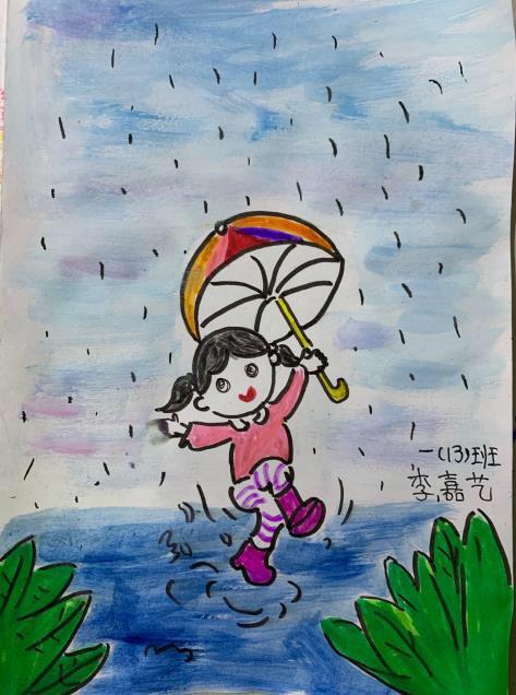 实验小学一年级美术课《下雨了》