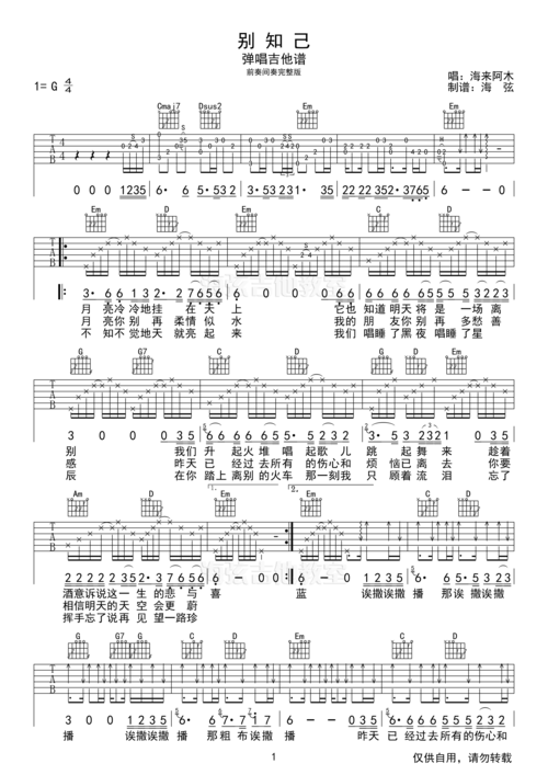 海来阿木-别知己弹唱吉他谱g调六线谱