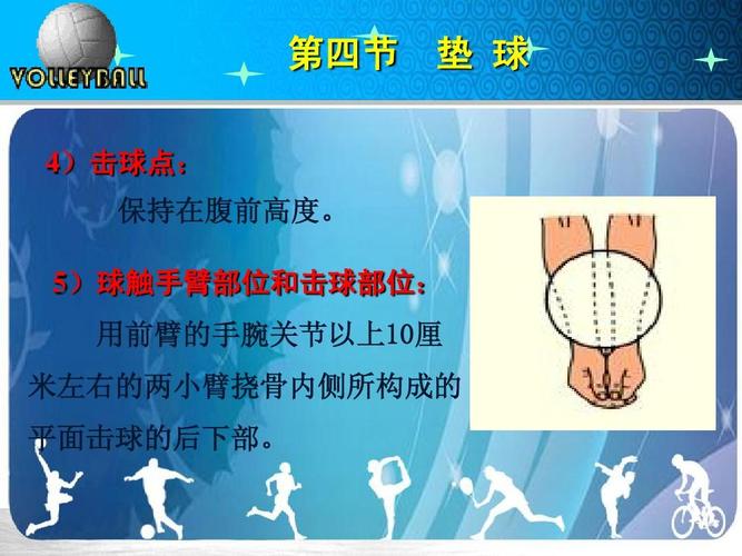 5)球触手臂部位和击球部位: 用前臂的手腕关节以上10厘 米左右的两小