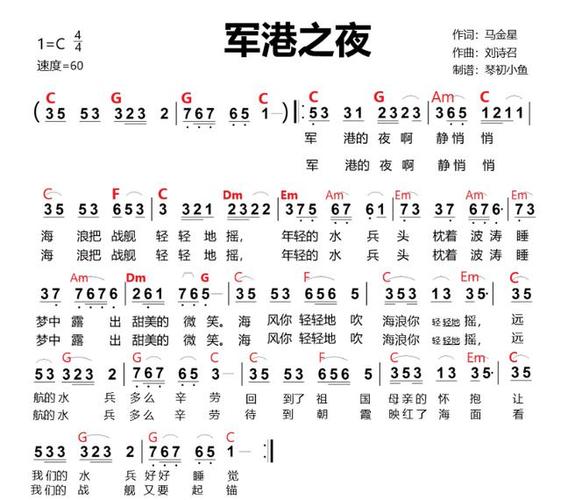 《军港之夜》c调电子琴和弦谱简易版,适合业余初学唱谱,弹奏